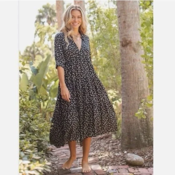 Natural Life Rebecca Midi Dress Dark Floral Boho Prairie Tiered Cottage Core M - Picture 1 of 10